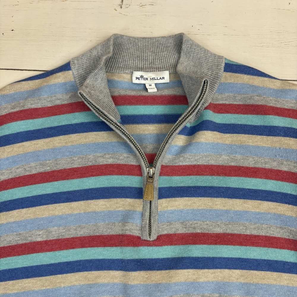 Peter Millar Sweater Mens M Multicolor Striped Full Zip Mock Neck Knit Cotton